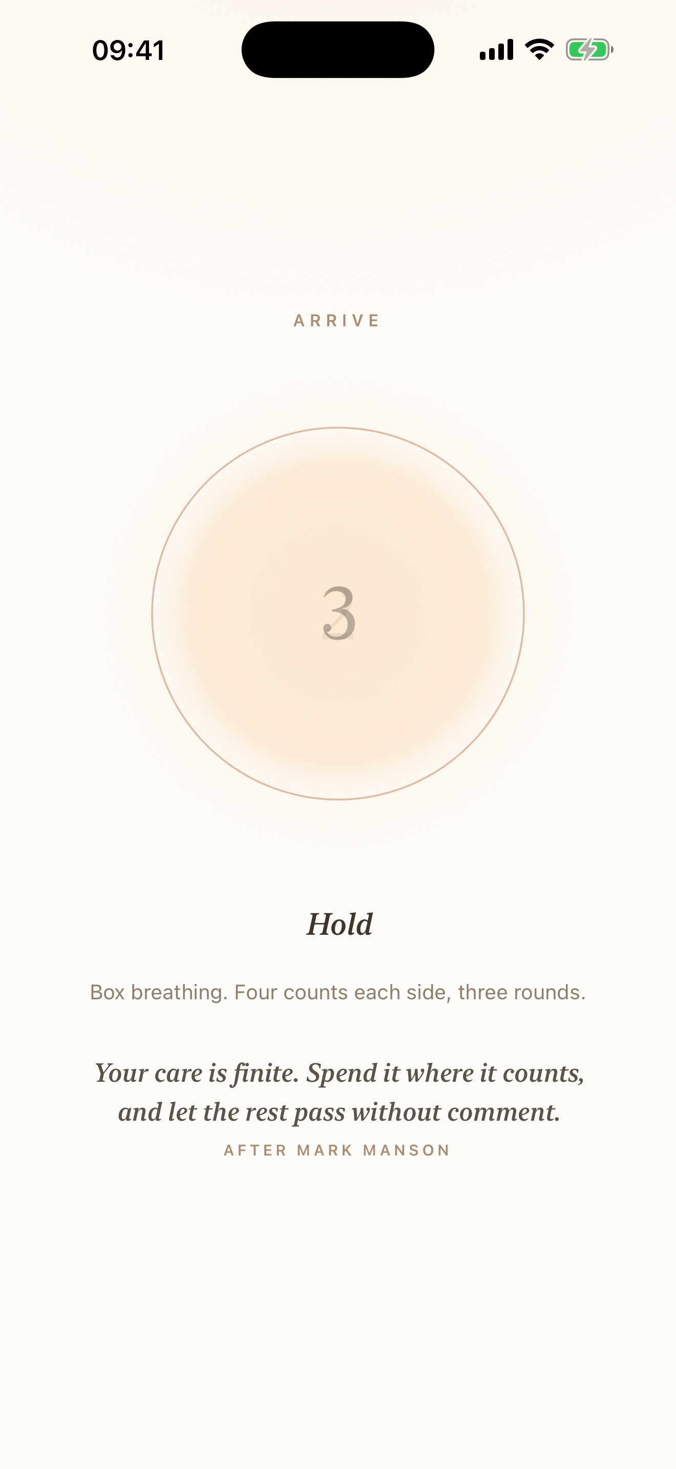 The breathe page, mid count, with the thought for today.