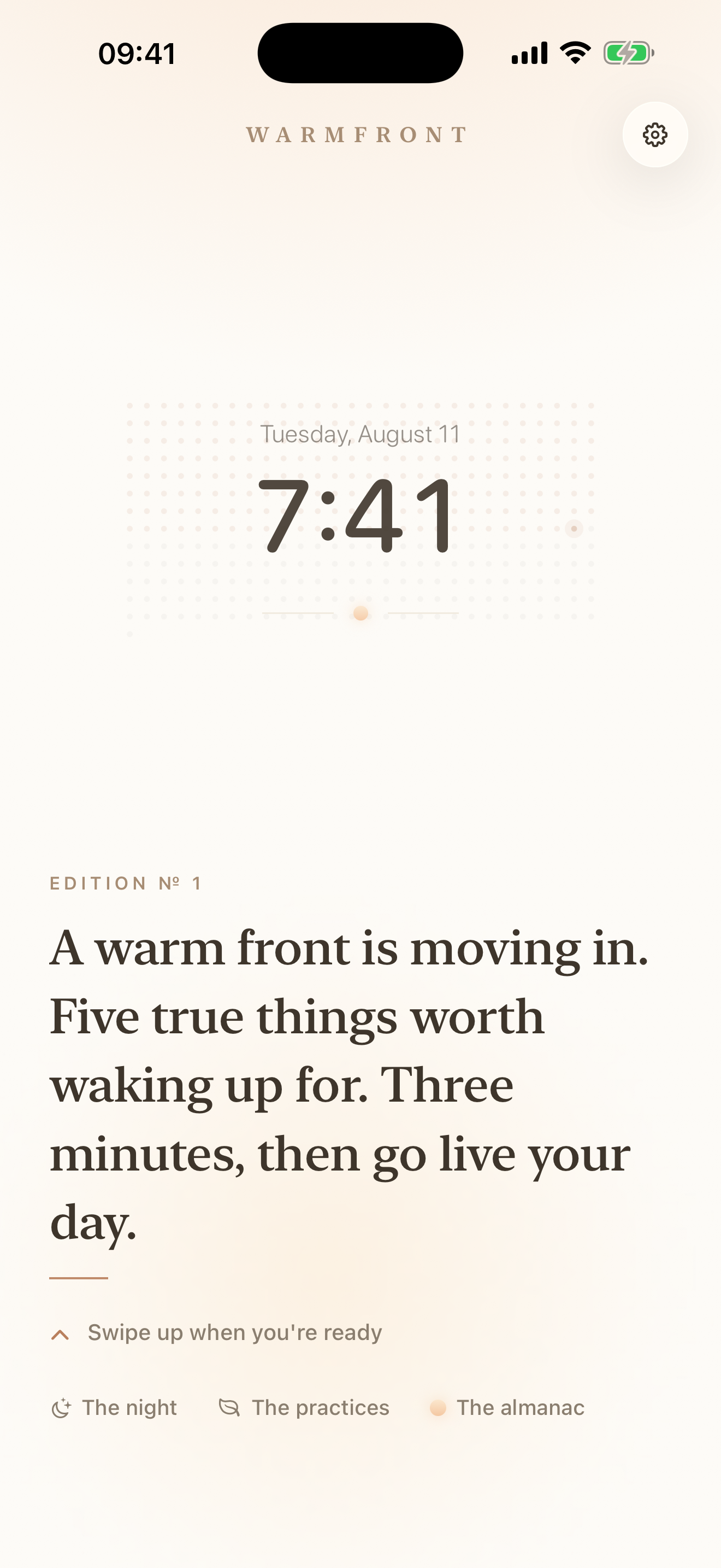 The Warmfront cover: a soft clock over a field of days, today's edition below.