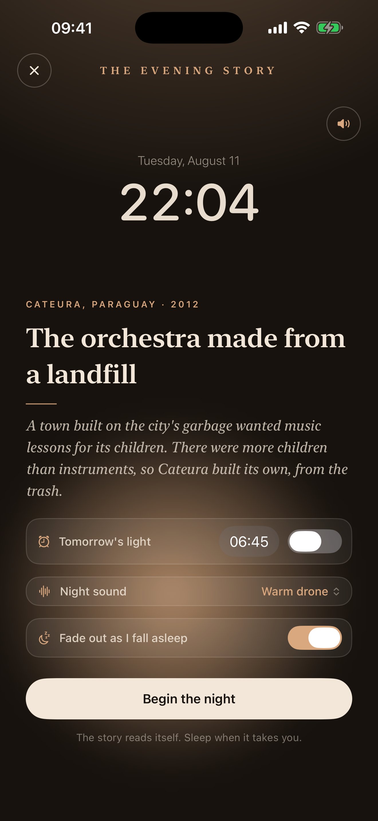 The night desk: tonight's story, the alarm, the night sound.