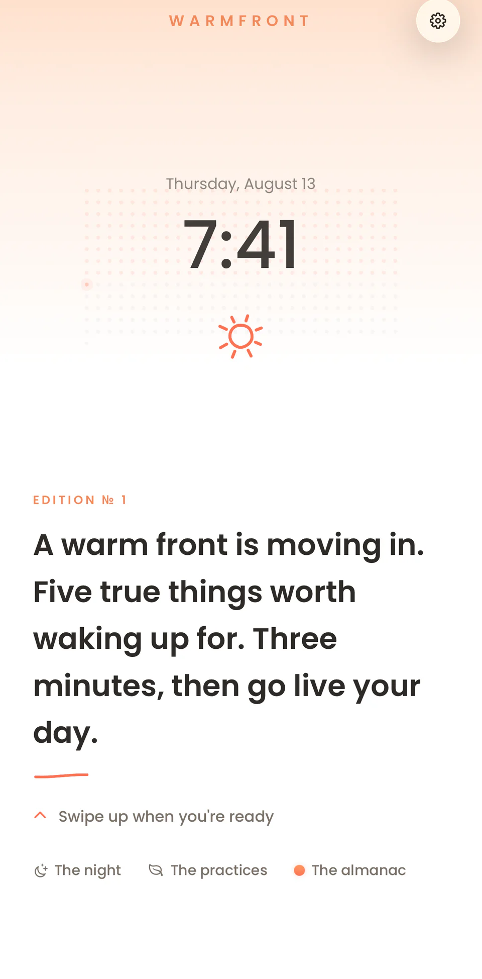 The Warmfront cover: a soft clock over a field of days, today's edition below.