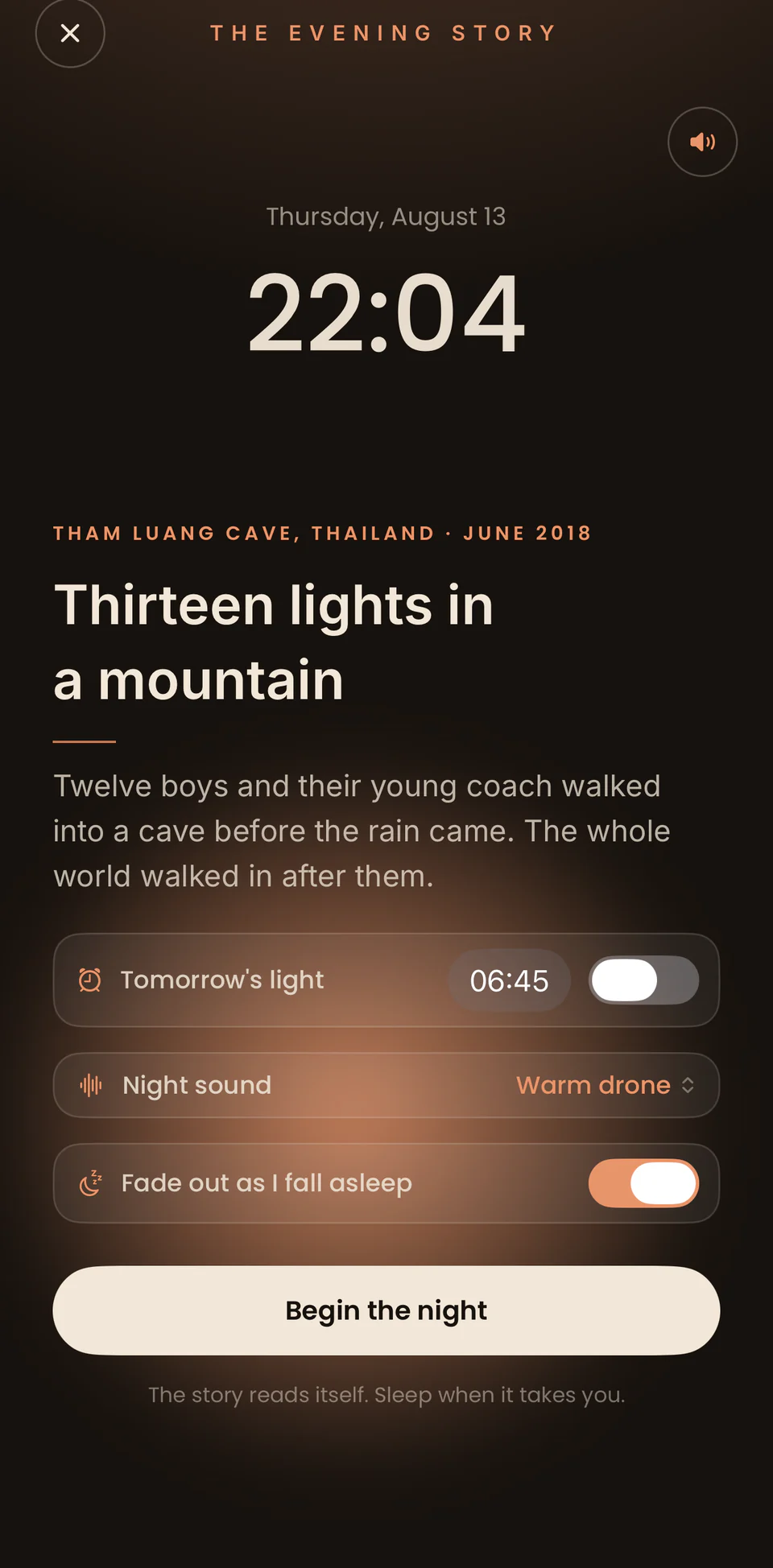 The night desk: tonight's true story, the alarm, the night sound. One screen.